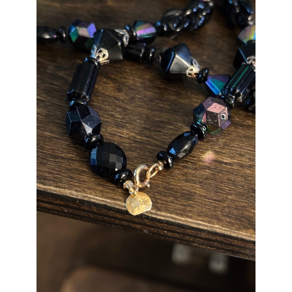 VTG Judy-Lee Signed Black Glass AB Necklace Faceted Crystal Beads Collector - Picture 6 of 12